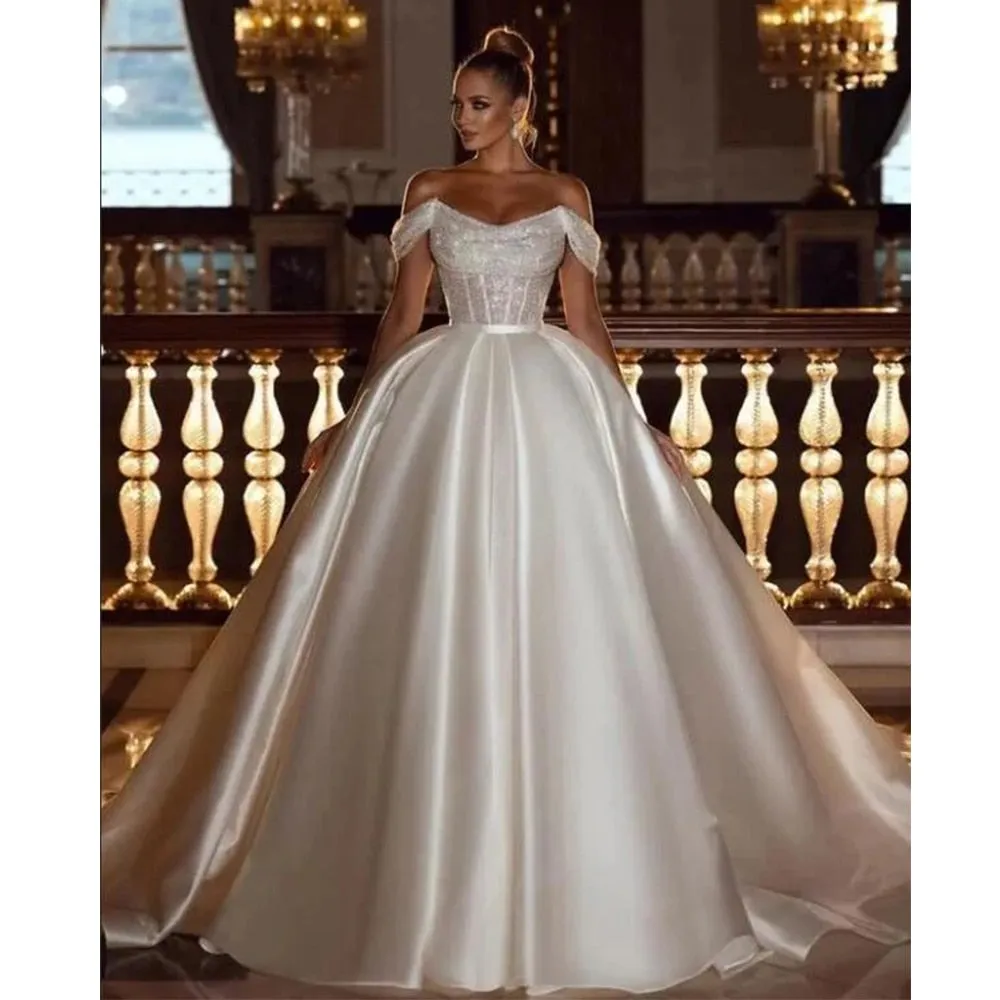 A-Line Off Shoulder Wedding Dresses Shiny Bohemia Women's Tulle