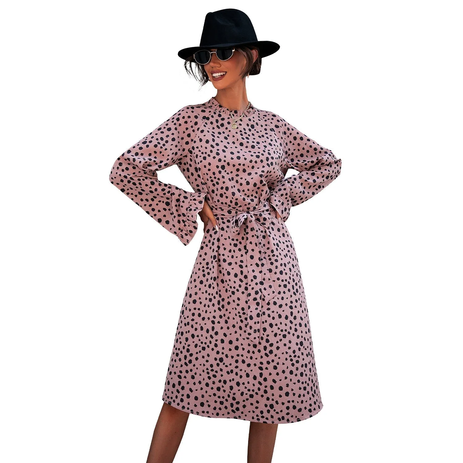 KittenAlarm - All Over Leopard Print Flounce Sleeve Belted Dress
