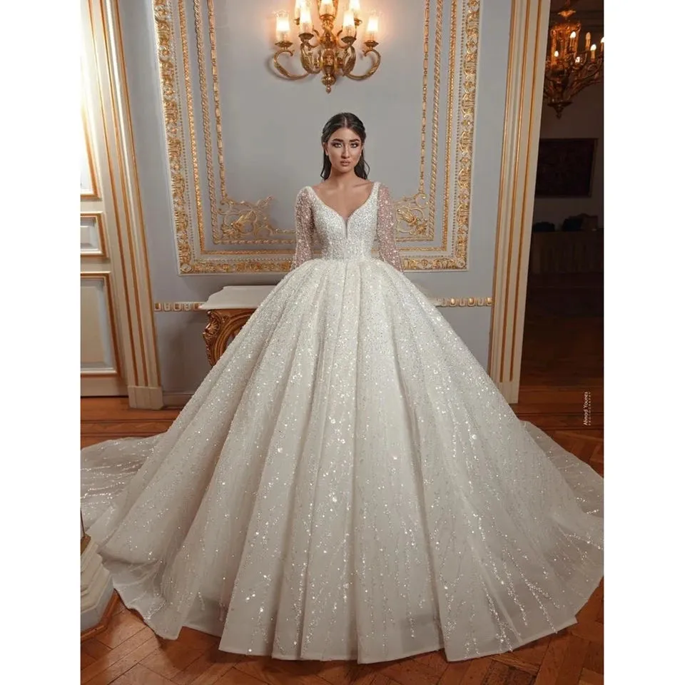 Long Sleeves Wedding Dress Ball Gown Floor Length Sweep Train Tulle Zipper