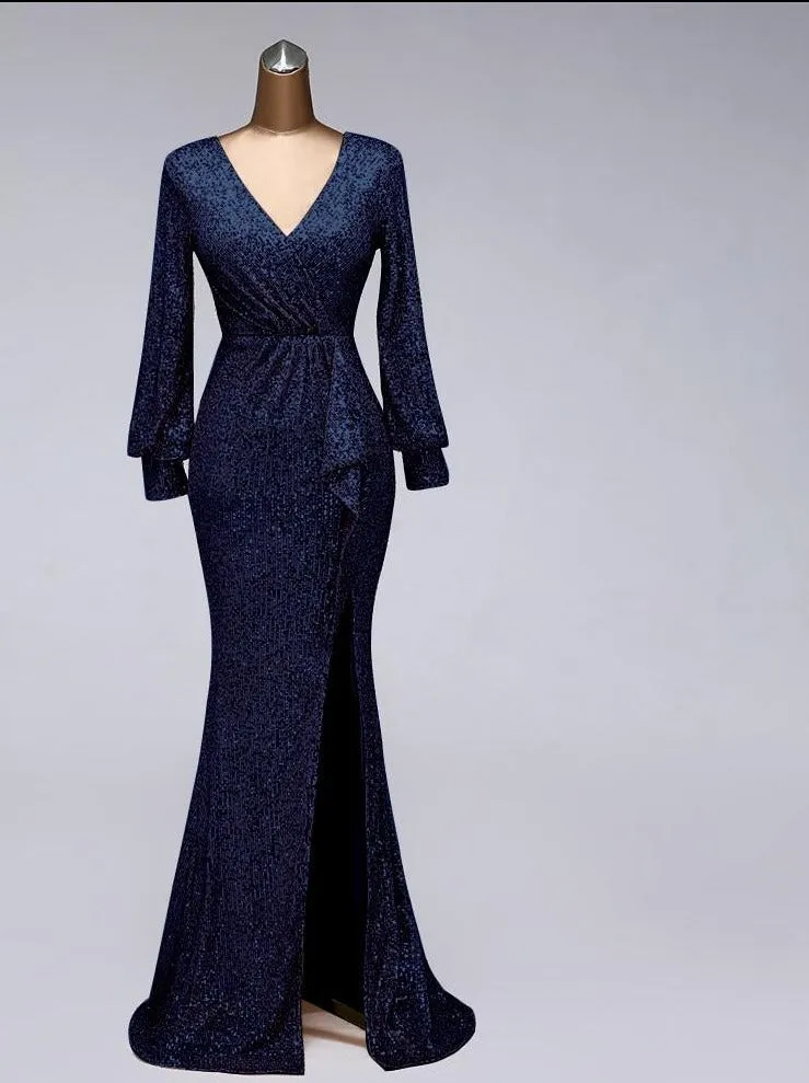Sexy waist style long sleeve Sequin Evening Dress