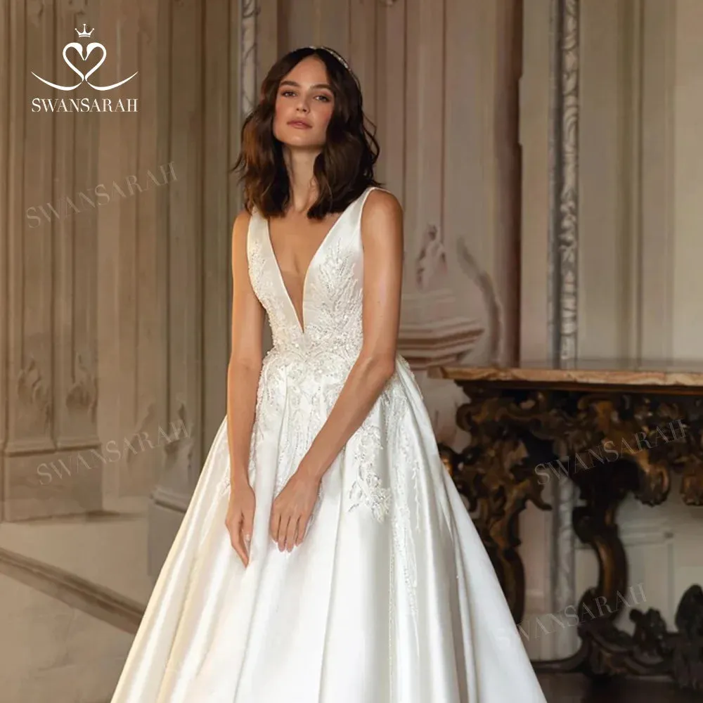 Wedding Dress Beading Open Back Court Train Princess Bride Gown