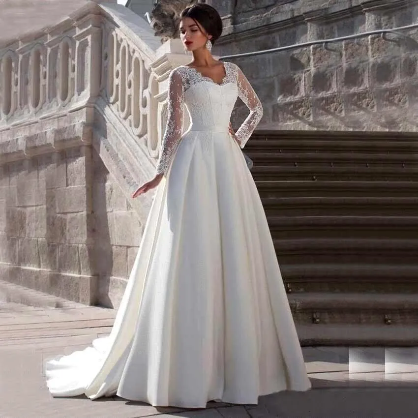Wedding Dress V Neck Sheer Back Long Sleeve For Women Princess