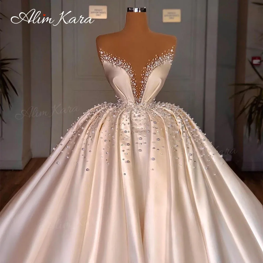 Wedding Dresses for women Satin Off Shoulder Court Train Bridal Gown